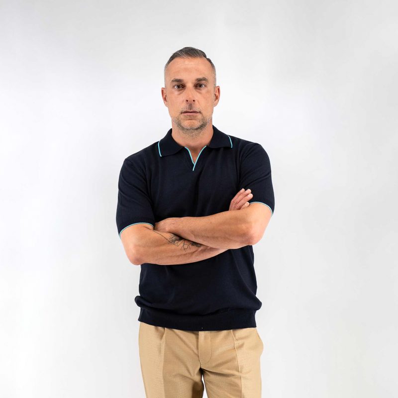 Μπλούζα πλεκτή με γιακά και βε Guy Laroche μπλε modern fit GLES17203_2 - Image 4