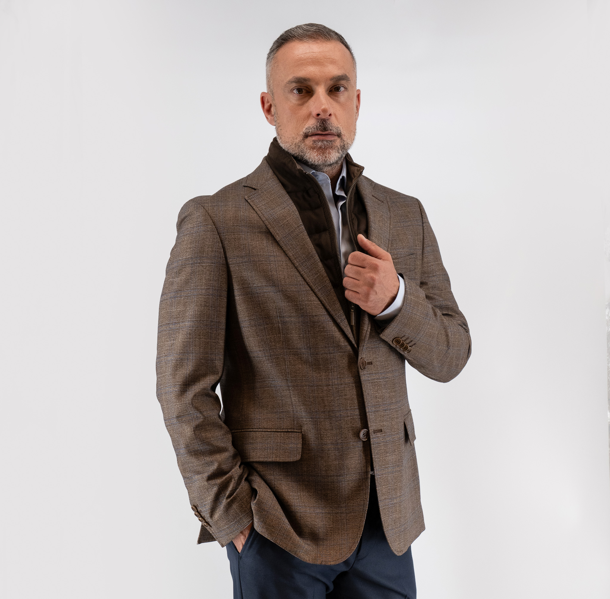 Σακάκι καρώ Guy Laroche καφέ με αποσπώμενη μόστρα fit line GLEW23402_10121VF_760 - Image 3