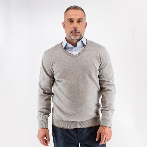 Πλεκτό βαμβακερό V Guy Laroche γκρι αρζάν regular fit GLEW27207_10 - M, Γκρι Αρζάν