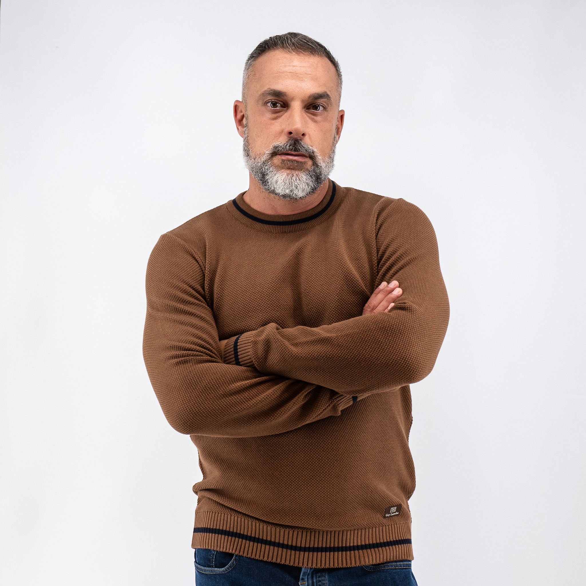 Πλεκτή λαιμόκοψη Guy Laroche κάμελ regular fit GLEW27212_16 - Image 3