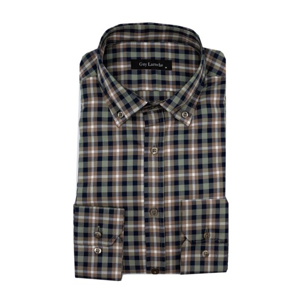 Πουκάμισο καρώ Guy Laroche καφέ με πράσινο regular fit GLEW28223_BD_1 - L, Πράσινο