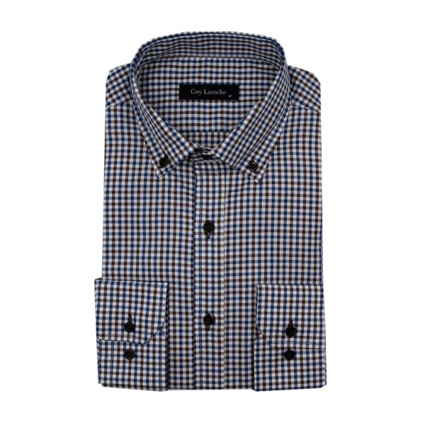 Πουκάμισο καρώ Guy Laroche καφέ με μπλε regular fit GLEW28239_BD_1 - 4XL, Καφέ