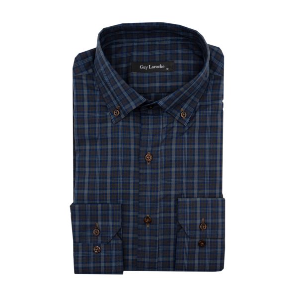 Πουκάμισο καρώ Guy Laroche καφέ με μπλε regular fit GLEW28249_BD_1 - 3XL, Καφέ