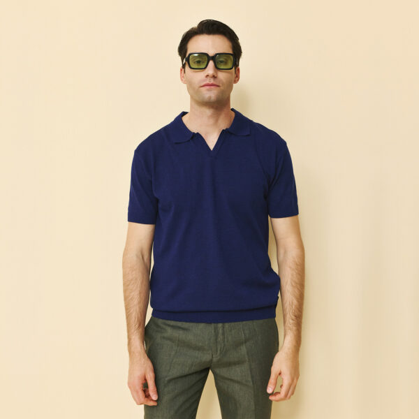 Μπλούζα πλεκτή με γιακά και βε Guy Laroche μπλε modern fit GLFS17221_2 - 2XL, Μπλε