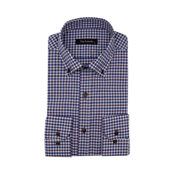Πουκάμισο καρώ Guy Laroche καφέ με μπλε ρουά regular fit GLFS18296_BD_1 - L, Καφέ